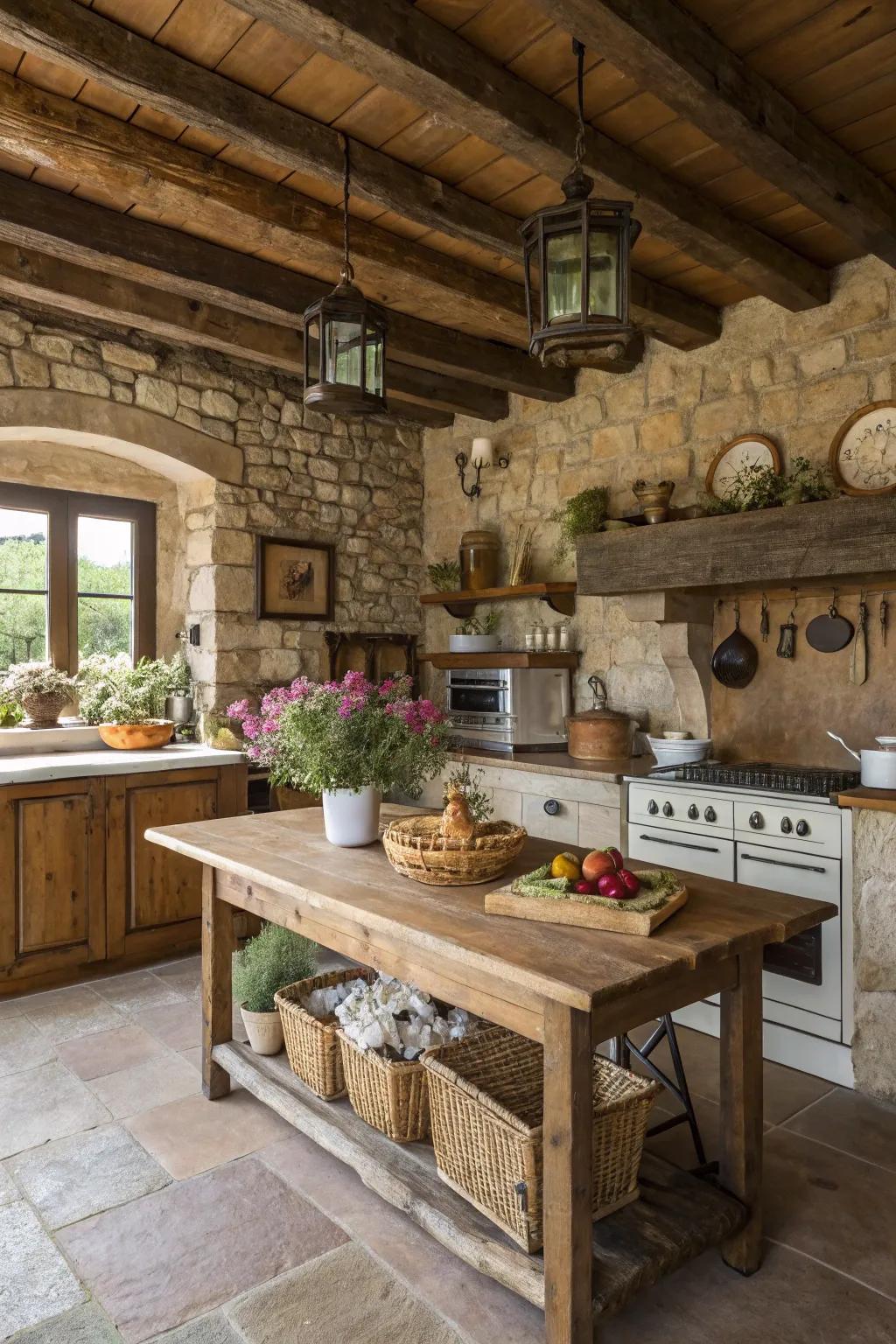 Inherent stone features delivering an earthy elegance to a farmhouse cooking space.