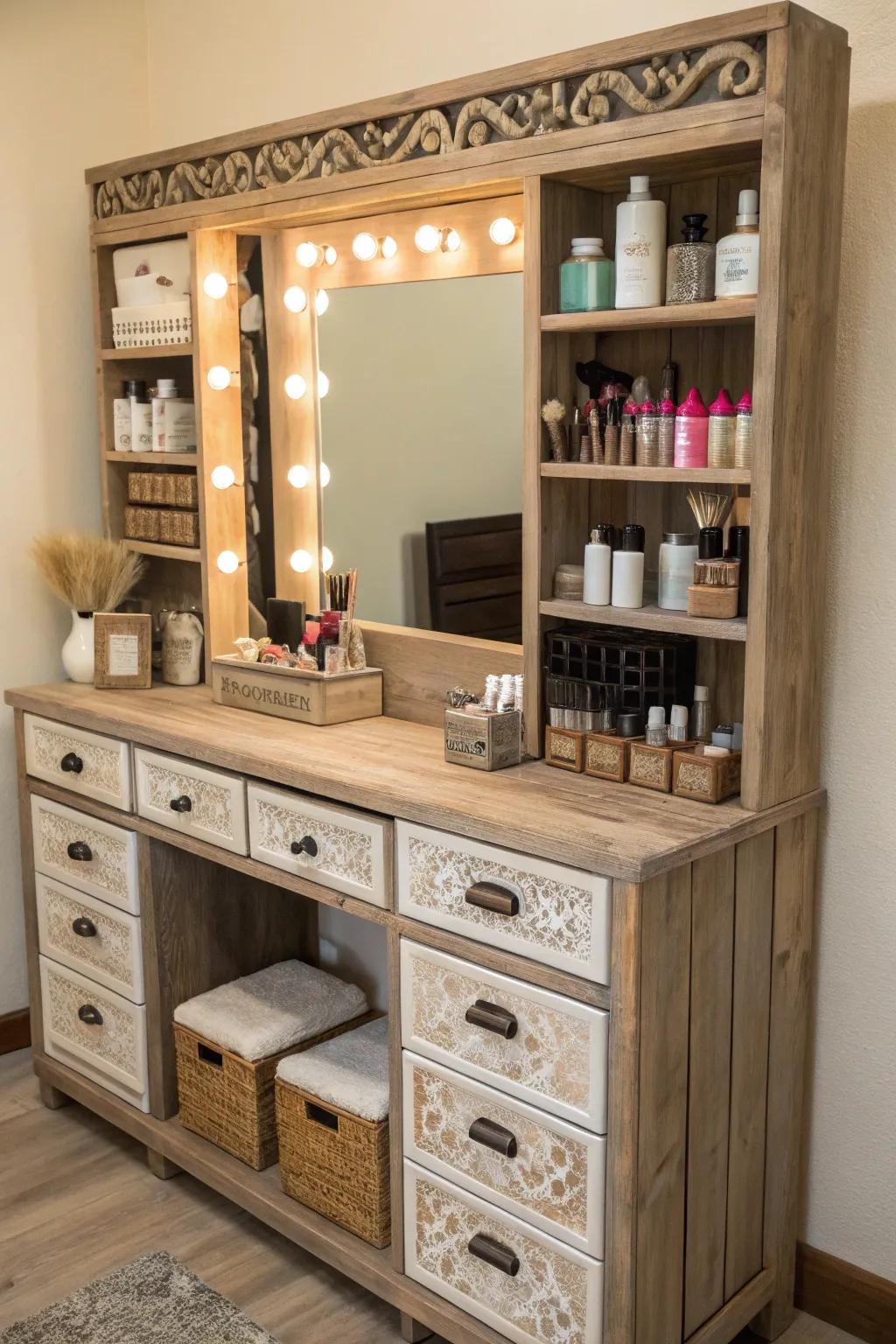 Functional storage keeps your vanity orderly and practical.