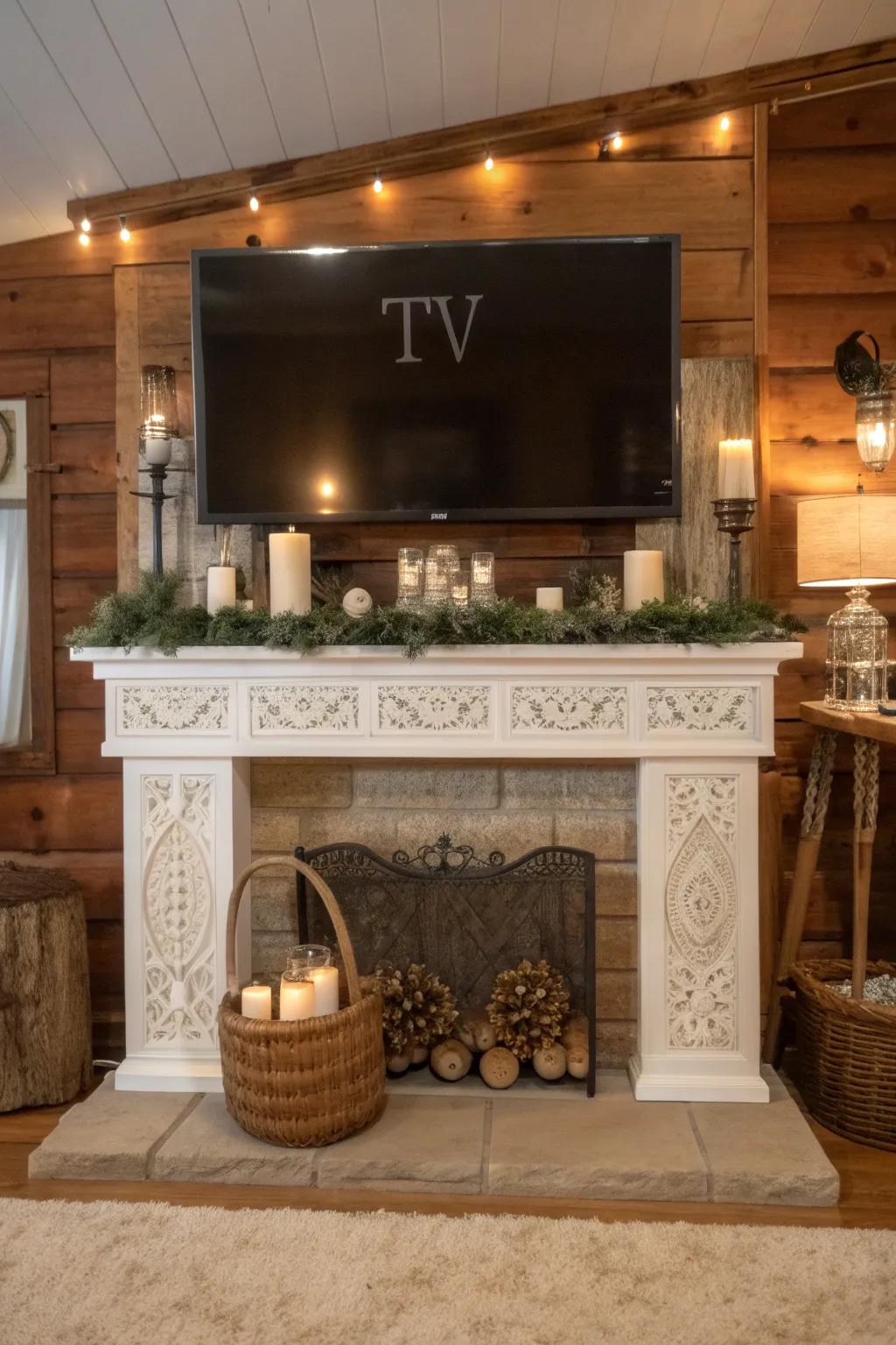 A farmhouse mantel beneath a TV, showcasing appealing scripted signage.