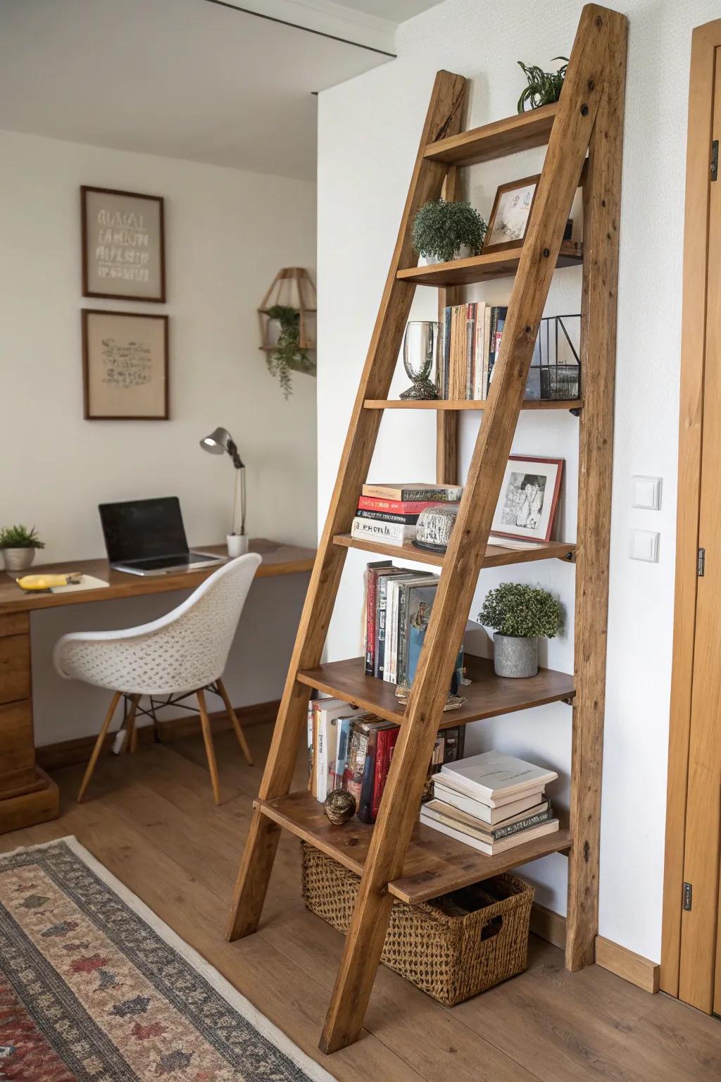 A creative book display crafted from a wooden ladder