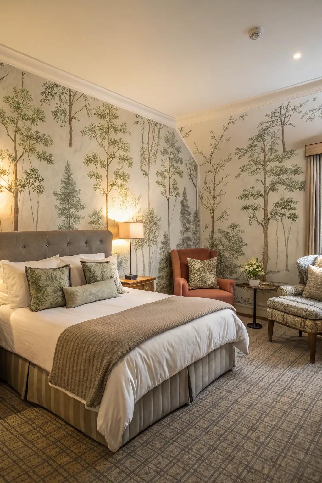 Forest-themed wallpaper adds a magical touch to the guest room.