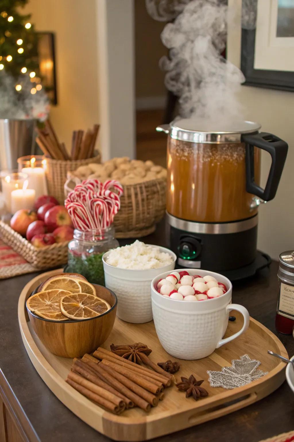 A spiced fruit nectar station is an inviting addition to any autumn celebration.