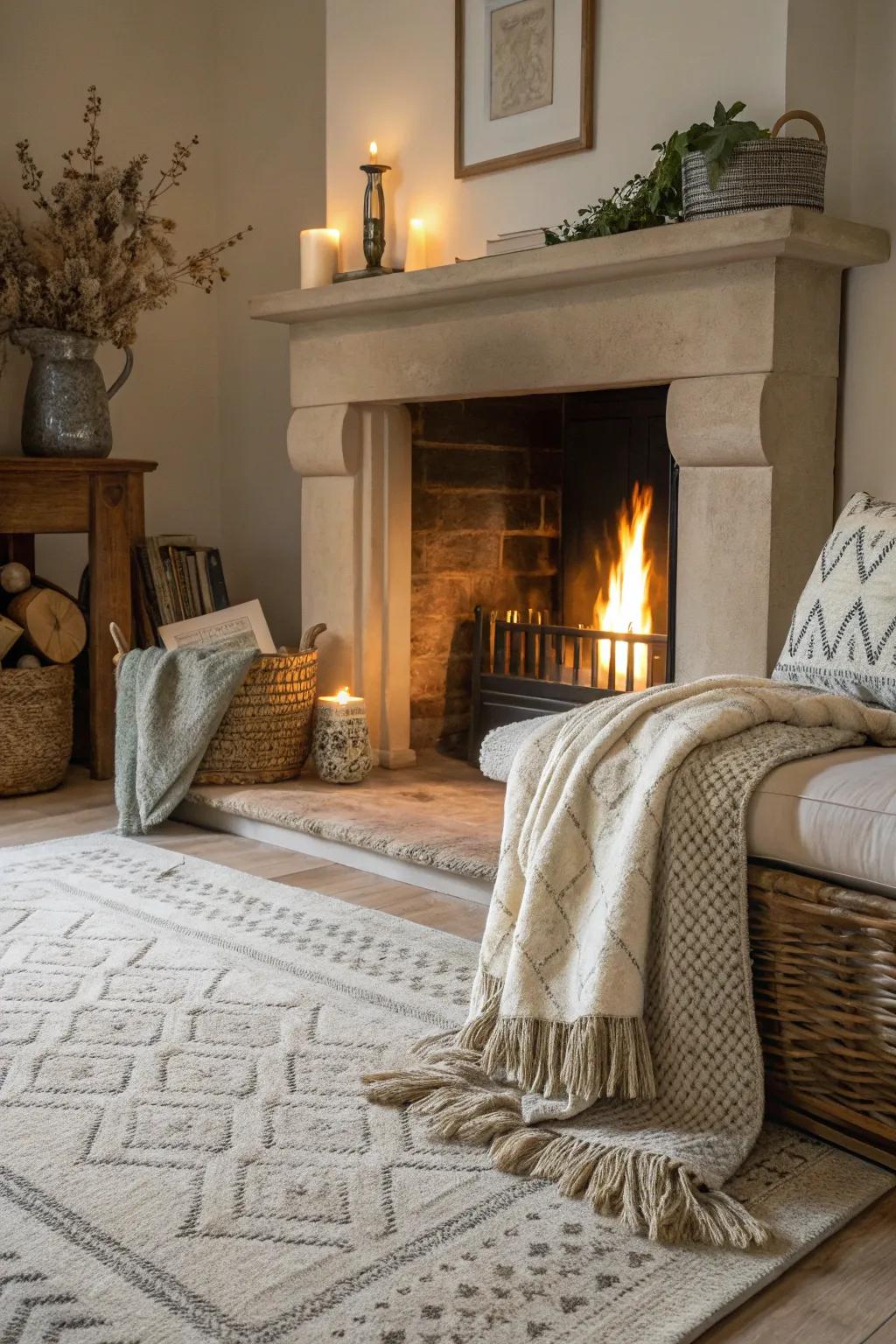 The addition of soft furnishings makes the fireplace area warm and welcoming.