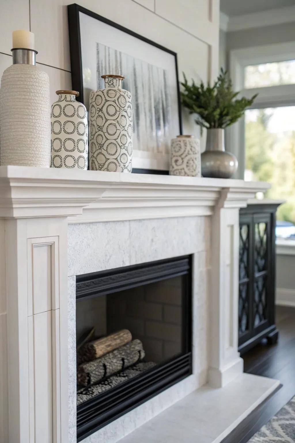 A contemporary, subtle mantel with sleek and stylish decor features.