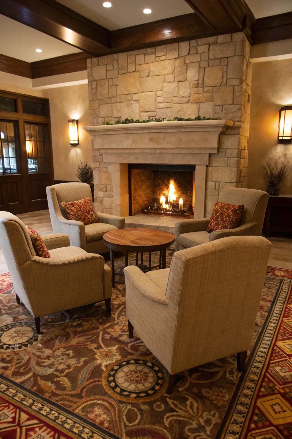 Promote warmth and discourse through a cozy seating arrangement around your hearth.