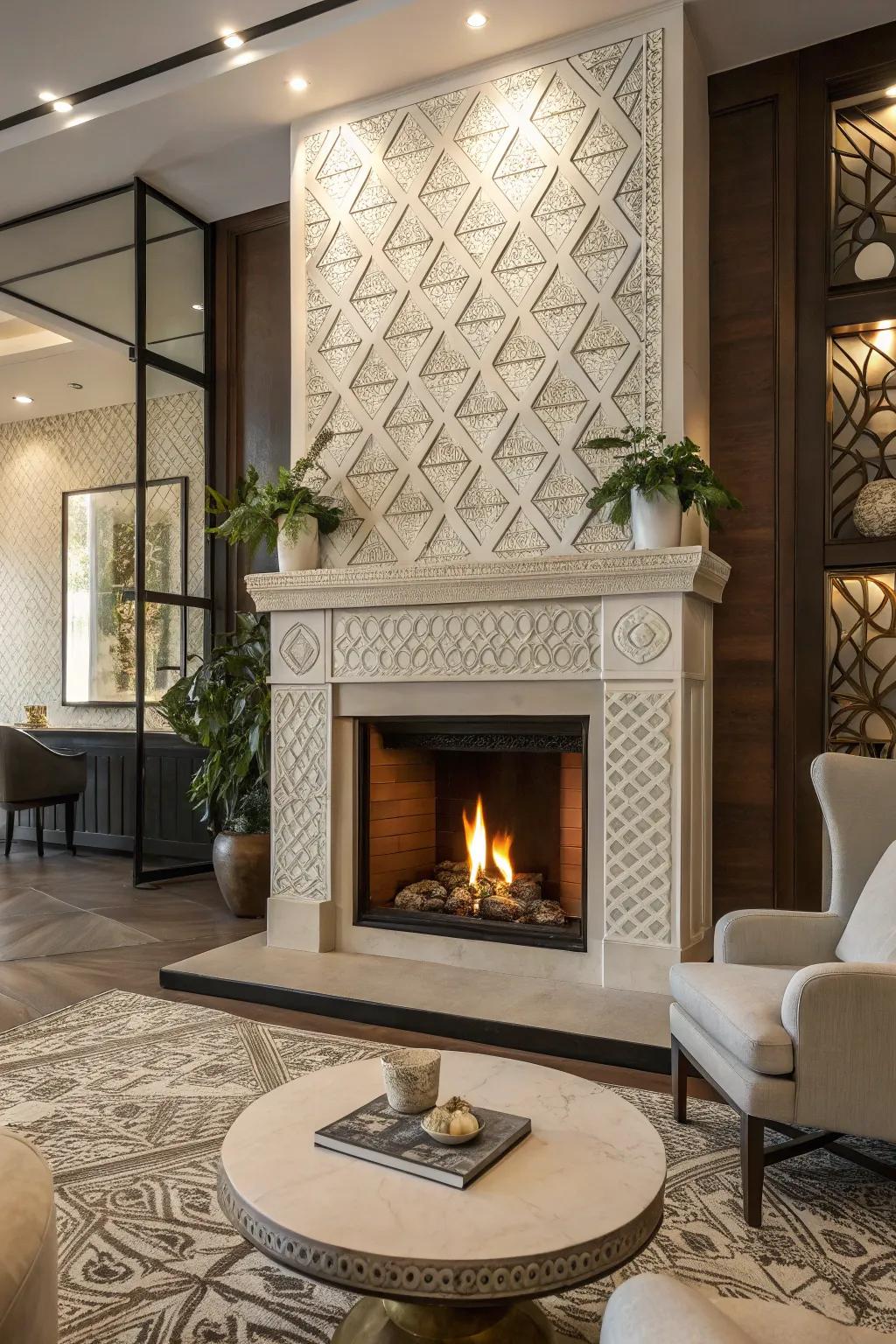 Three-dimensional finishes formulate a visually captivating fireplace design.