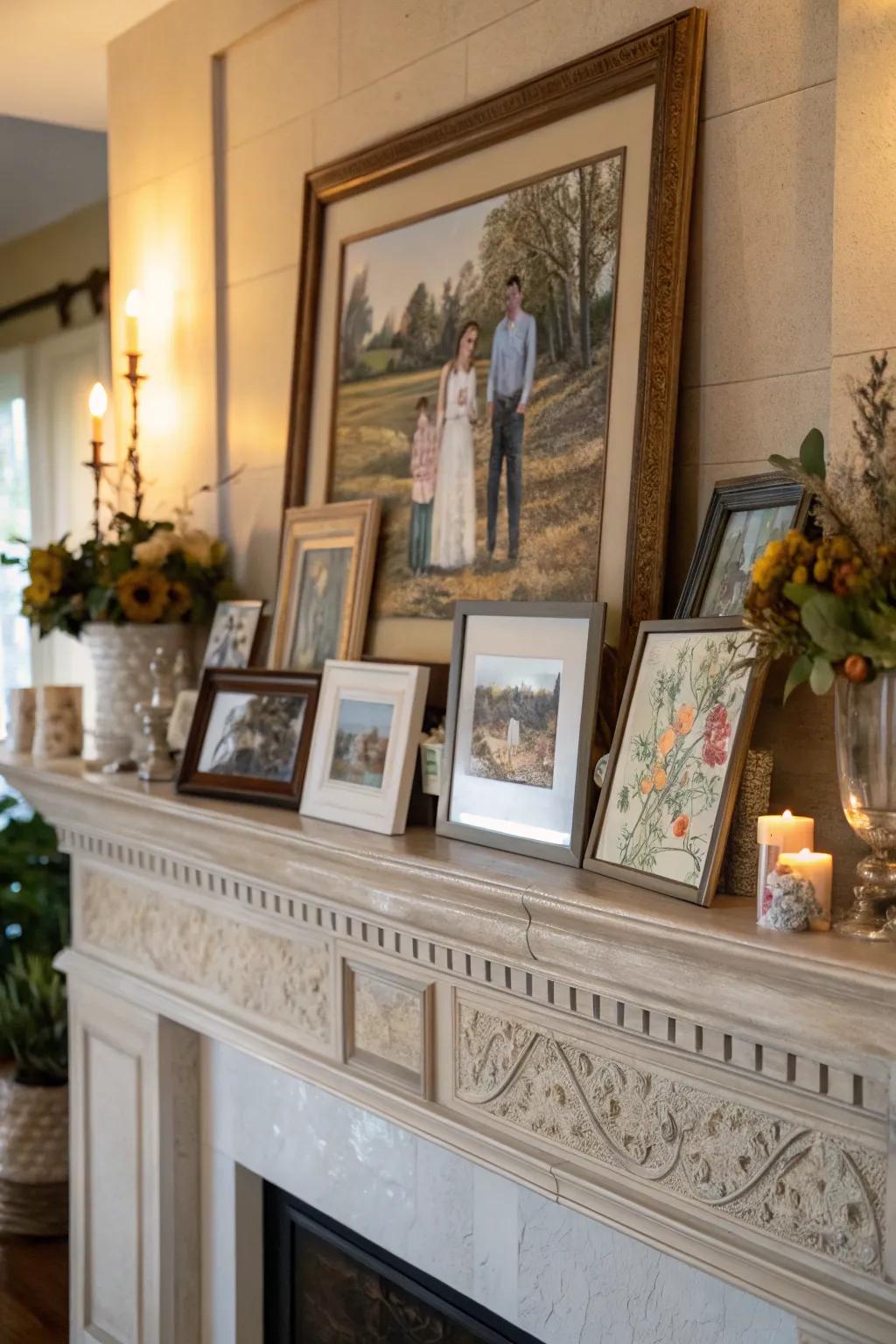 An artistic exhibit on the fireplace mantel contributes a personal hallmark.