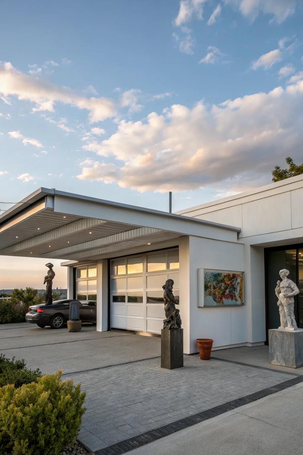 A rooftop artistic display on a flat roof garage is a special way to show creativity.