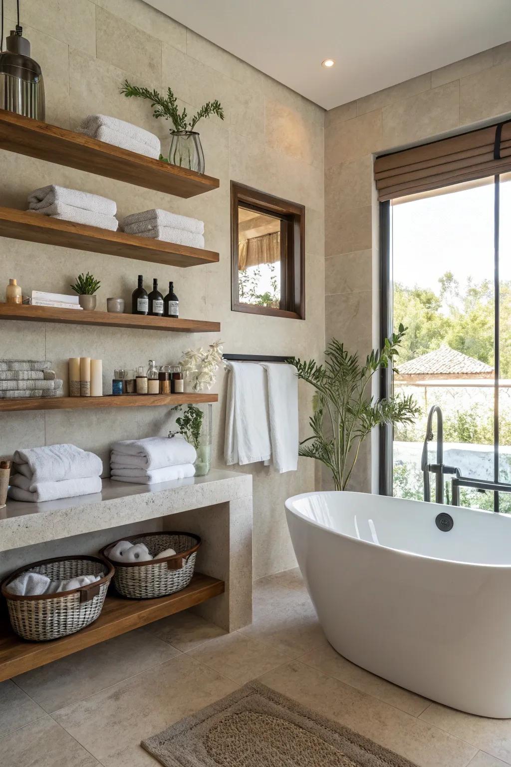 Bathroom featuring floating shelves for style and functionality.