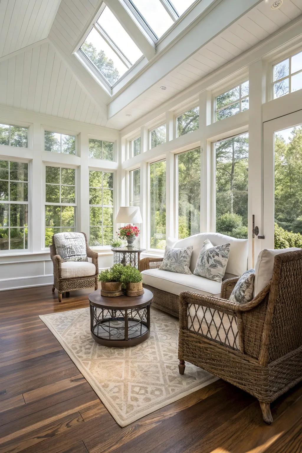 Durable and fashionable sunroom with engineered wood flooring.