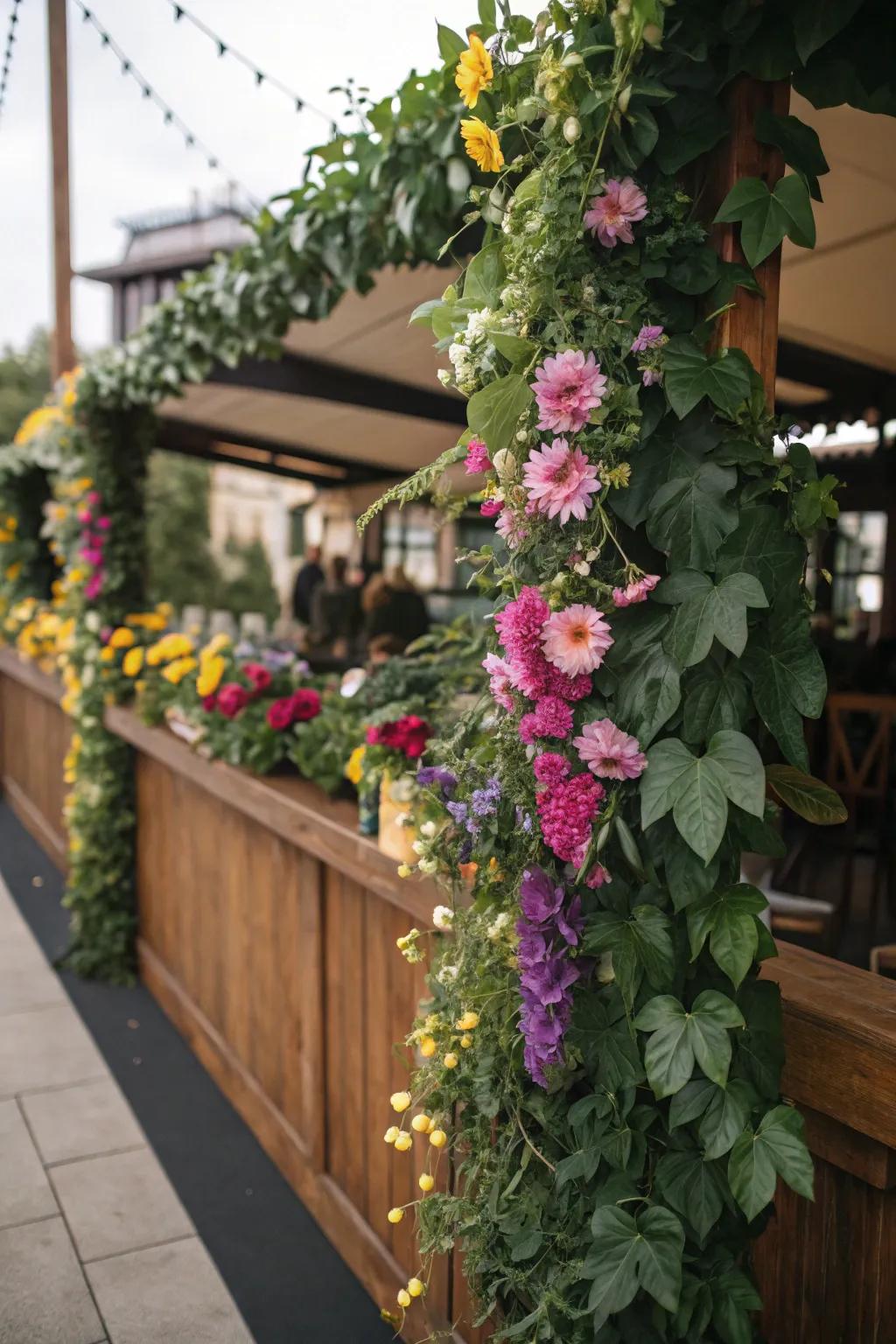 Greenery introduces lush texture to the flower area.