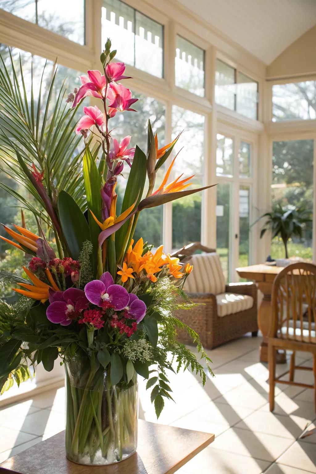 A tropical bouquet cultivating an exotic atmosphere in a sunroom.