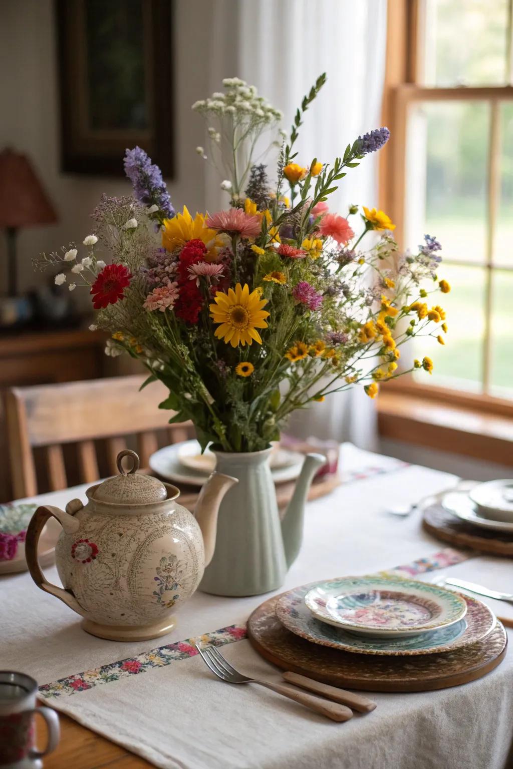 A vintage teapot injects eclectic panache into floral arrangements.