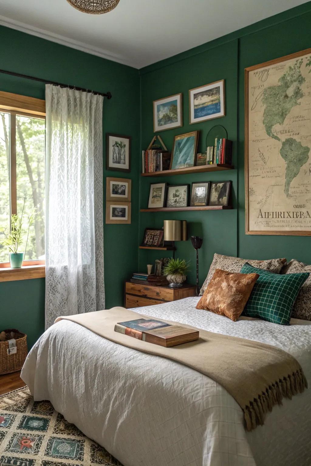 Adding a bit of you is what makes the forest green bedroom special.