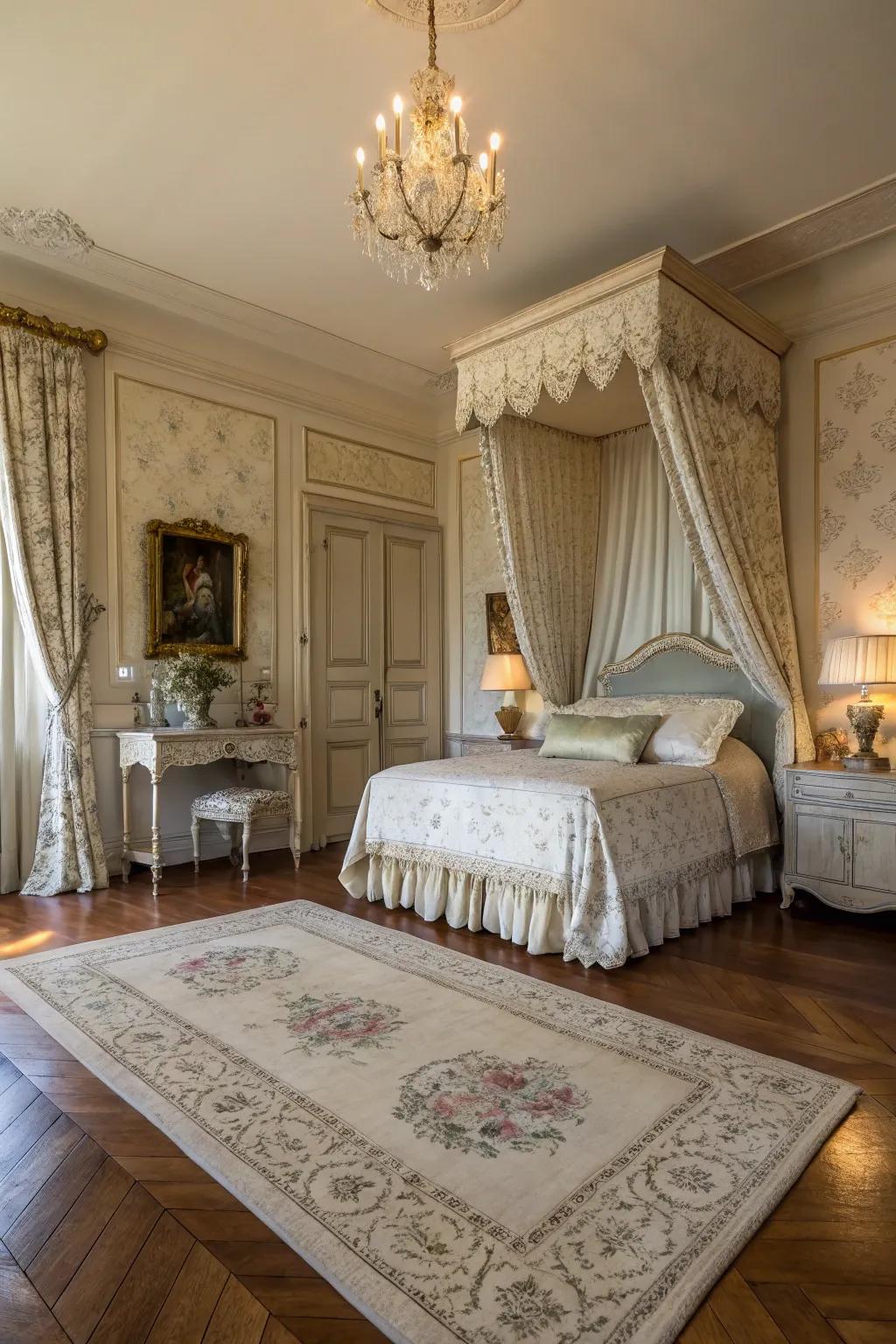 A soft rug contributes warmth and texture to the French boudoir.