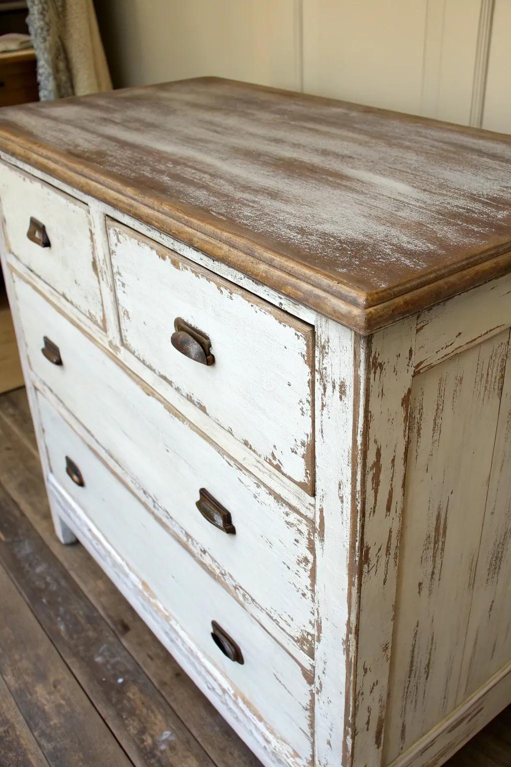A chalk-painted dresser showcasing a beautifully weathered finish.