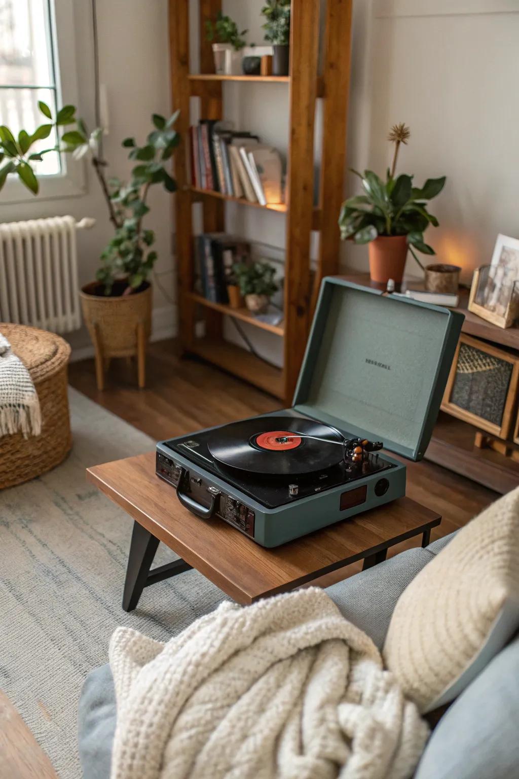 A vintage sound player sets the musical tone for Friendsgiving.