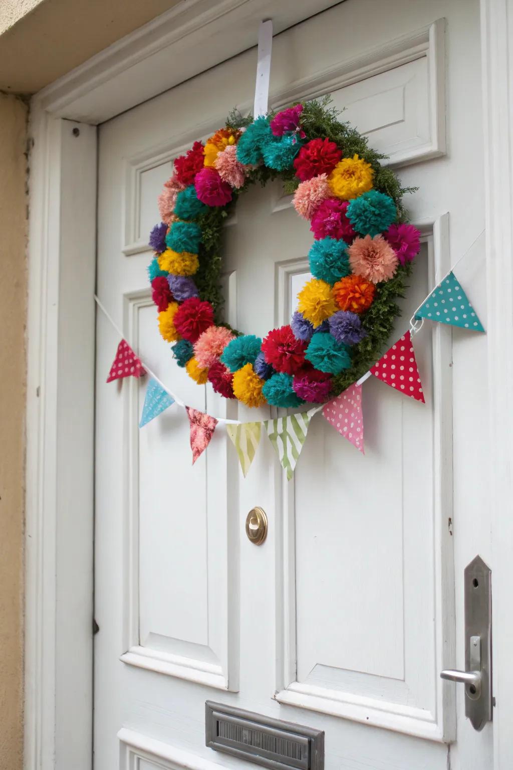 A fun and textured pom-pom and flag wreath.