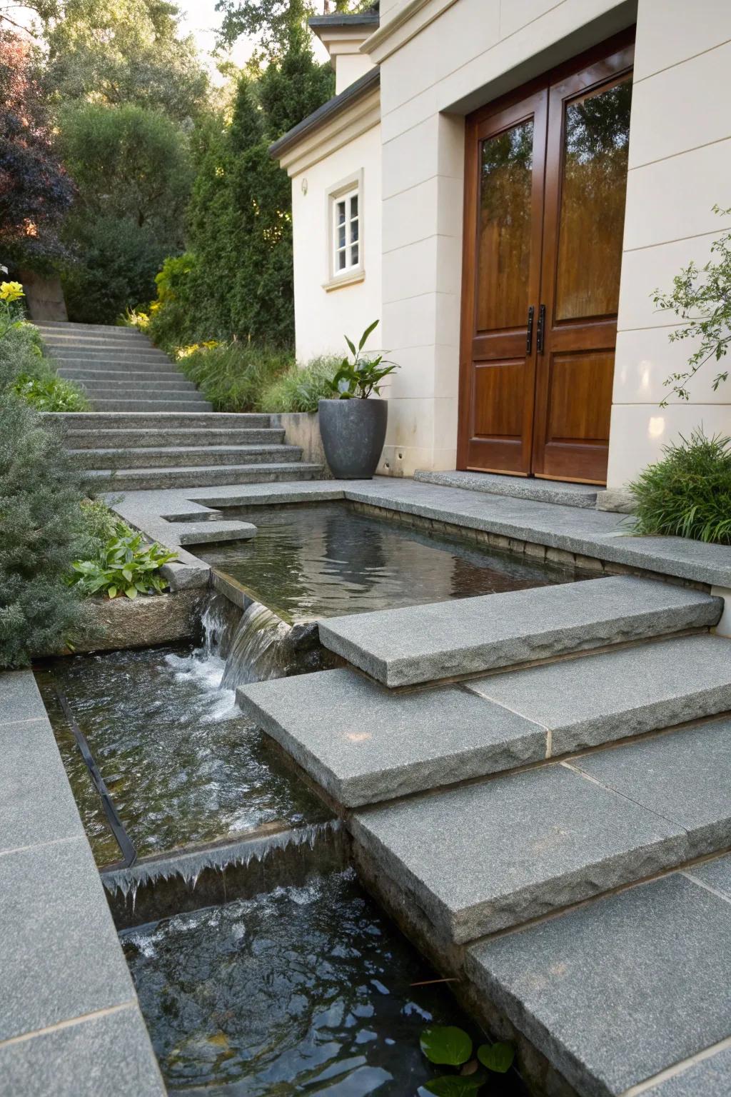 Water features create tranquility alongside slate steps.