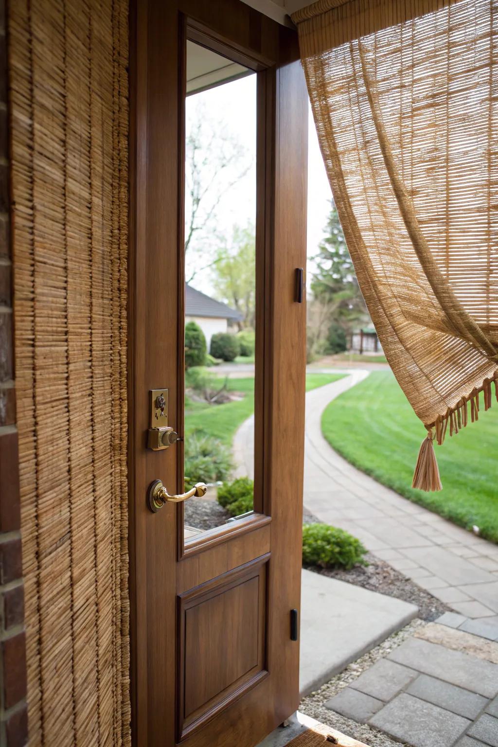 Woven wood drapery offers texture and a naturally elegant look.