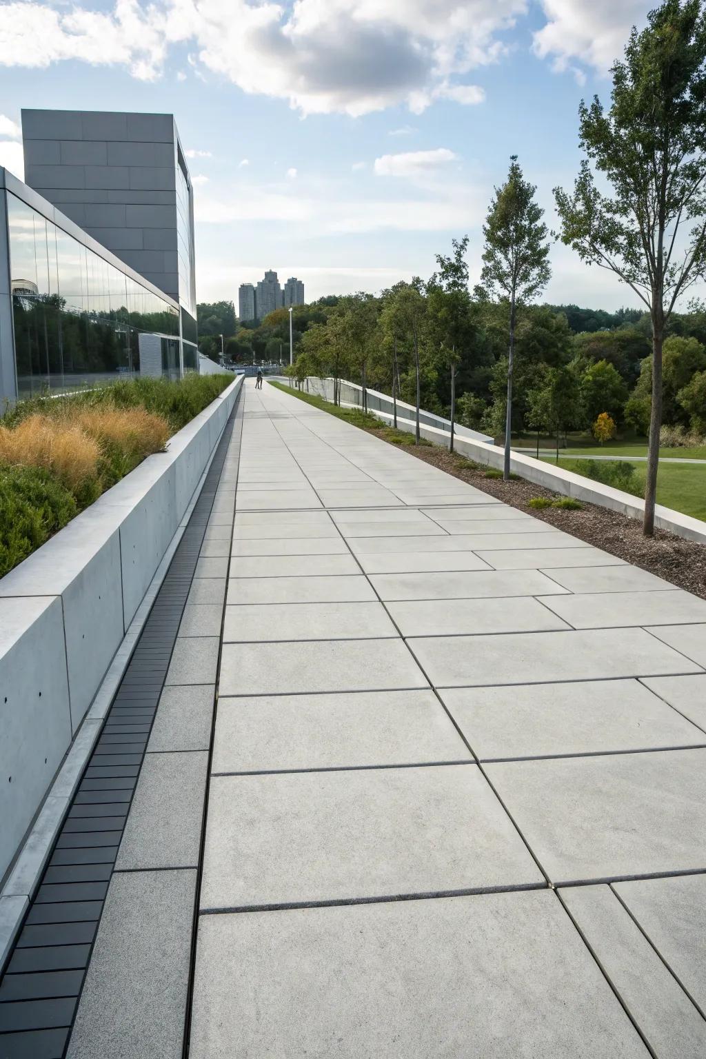 A modern path showcasing streamlined, large concrete pavers.