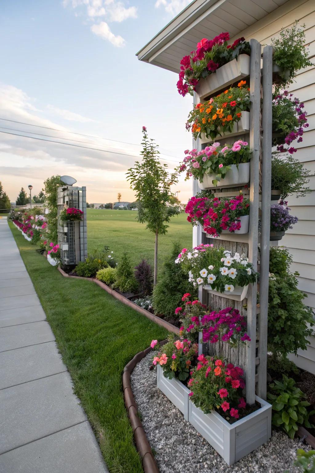 Sky-high flower beds maximize space and impart an intriguing dimension to the garden.