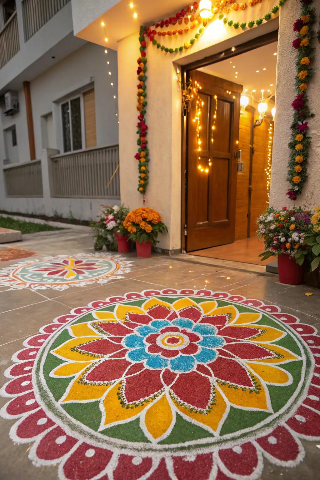 A vibrant and welcoming rangoli design at the entryway, defining the festive atmosphere.