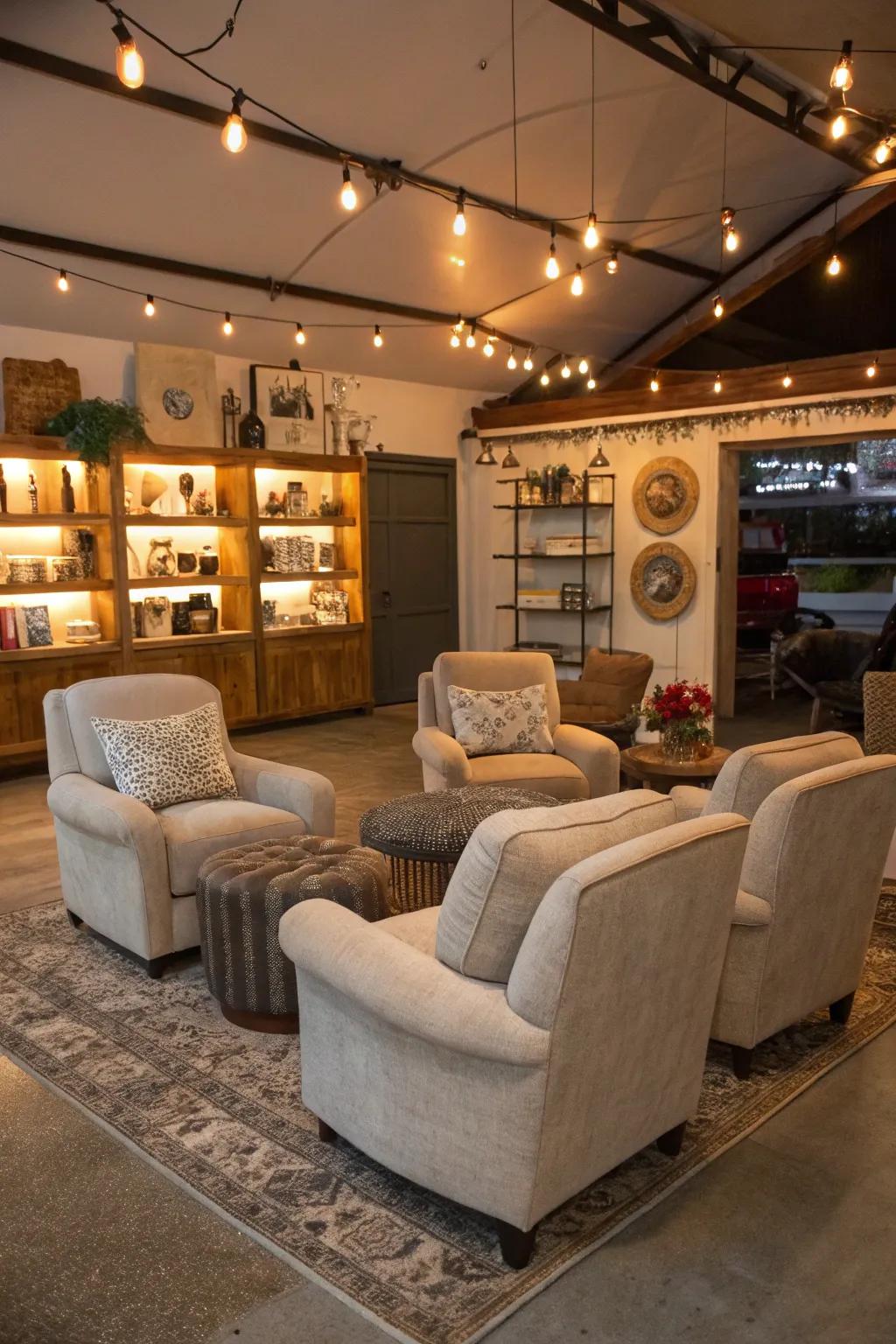 Cozy seating zones with plush chairs in a garage shop.