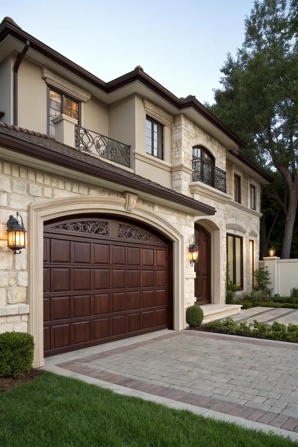 Luxurious cocoa brown garage entries present a lavish and warm allure.