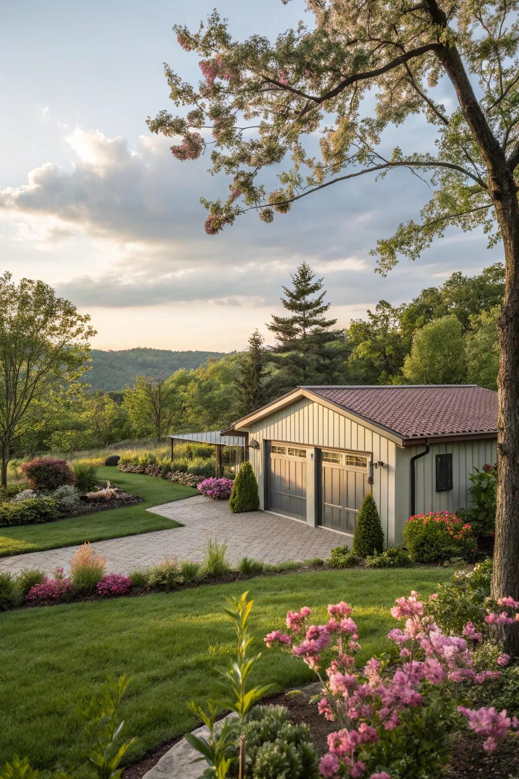 A garage exquisitely integrated with its surroundings through vibrant landscaping.
