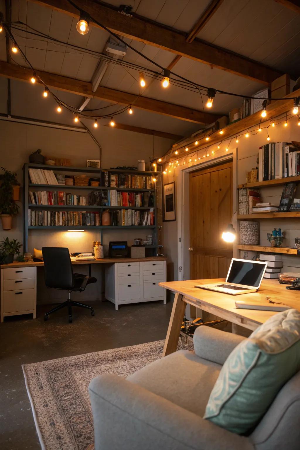 Ambient lighting enhances the overall feel of your garage office.
