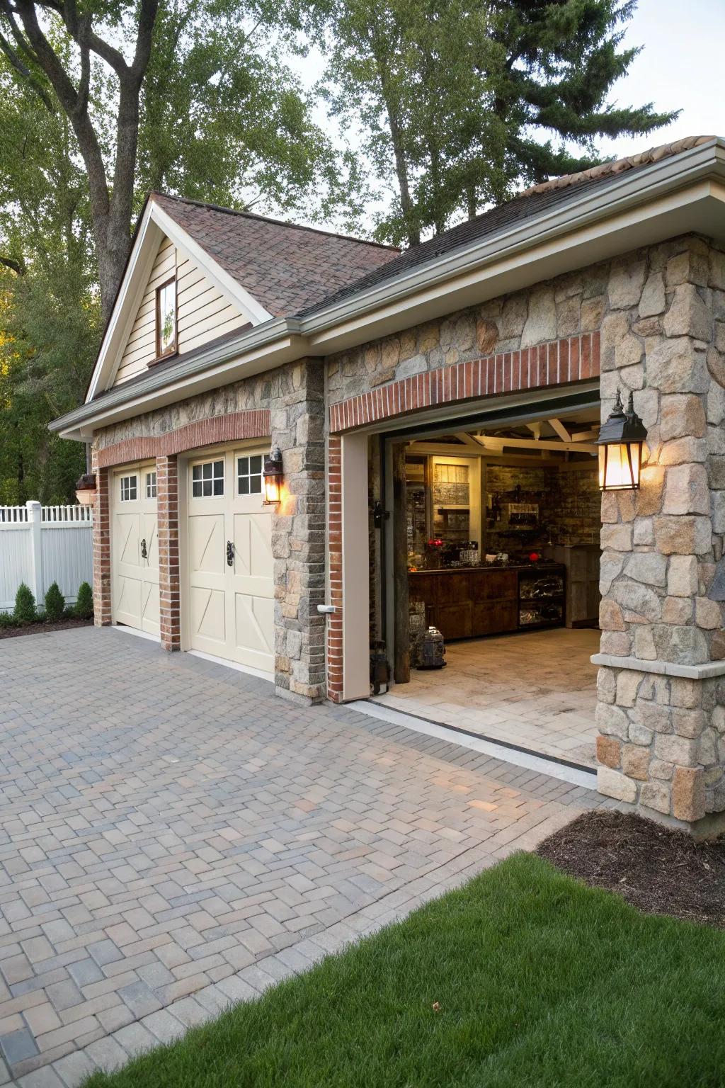 Earthy stone and brick accents for garage trim.