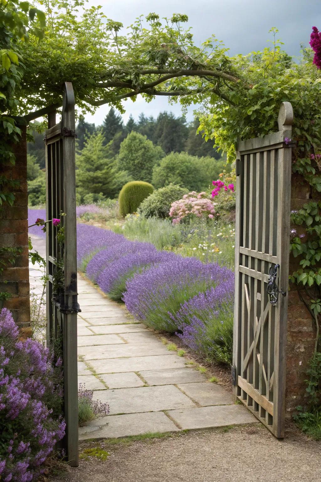 Garden gateway leads to a fragrant lavender-lined pathway.