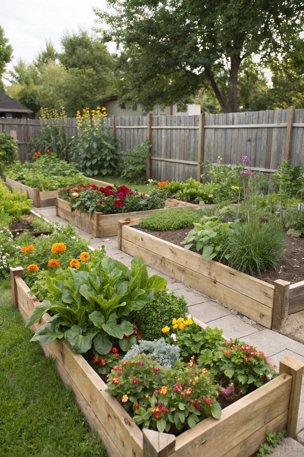 Raised garden beds filled with a variety of plants, adding structure and organization.