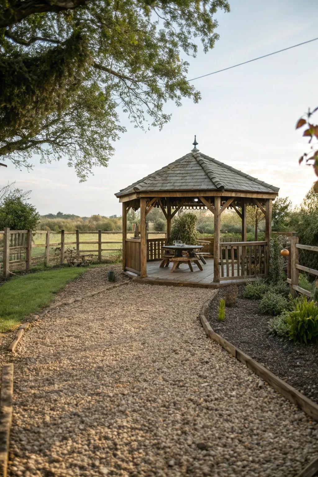 Create a rustic vibe with textured gravel flooring.