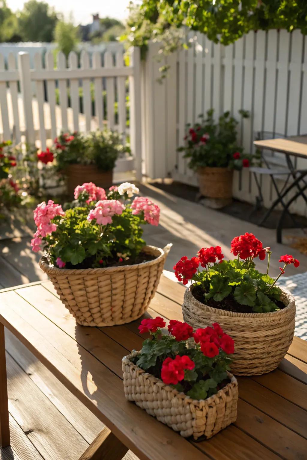 Weave beds filled with radiant geraniums create a warm and inviting patio display.