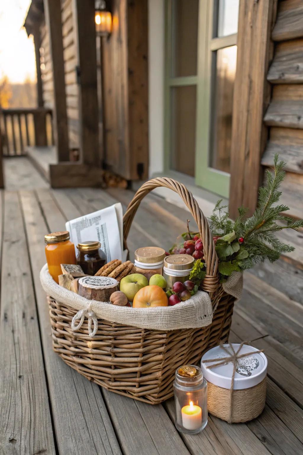 A country-themed gift basket with natural elements.