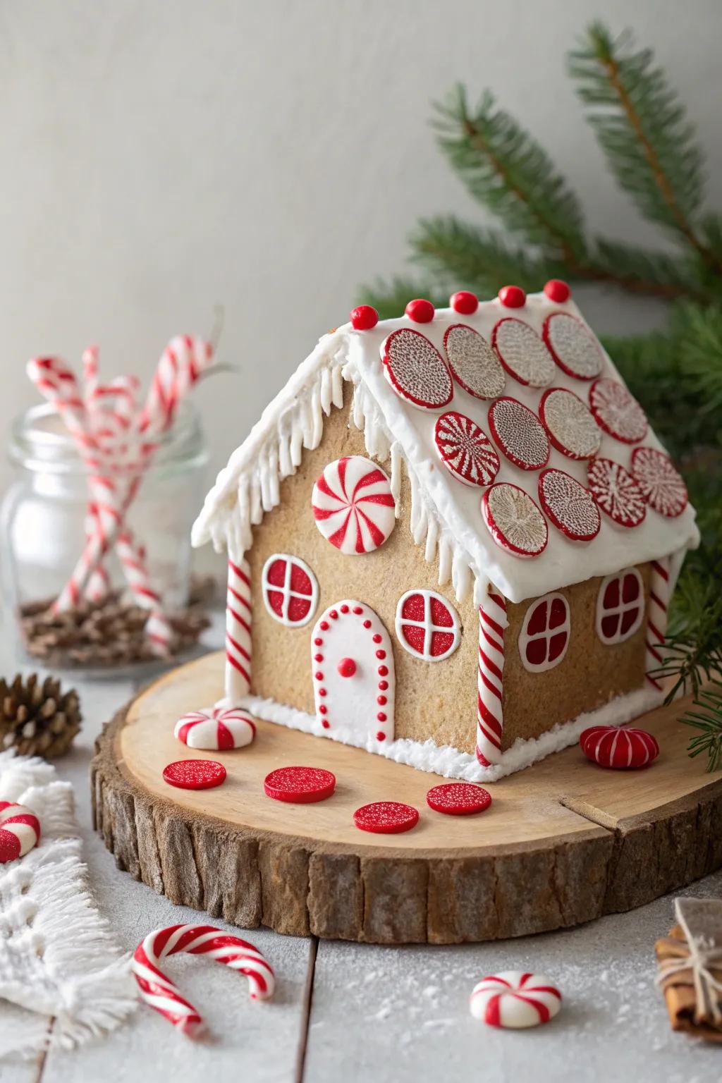Embrace joyous minimalism with this endearing Flavorful Candy-Striped Retreat gingerbread home.