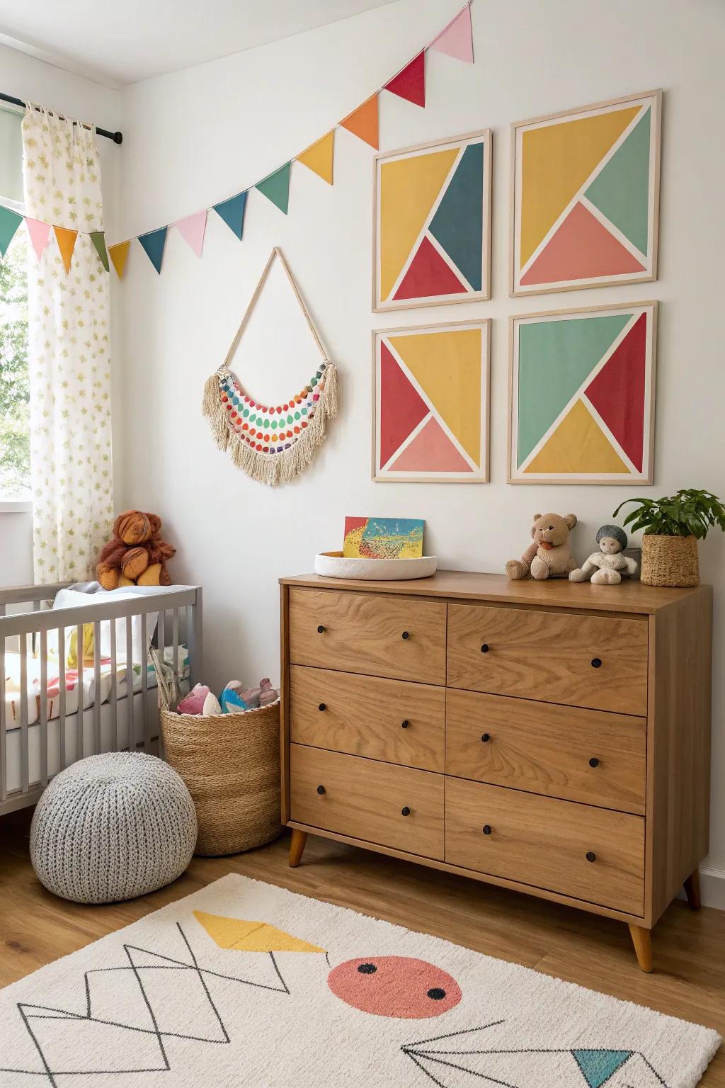 Abstract graphic art enriches the nursery with a modern spin.
