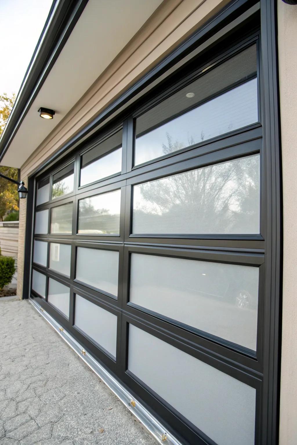 Energy efficiency is showcased by a glass garage door with insulated glass.