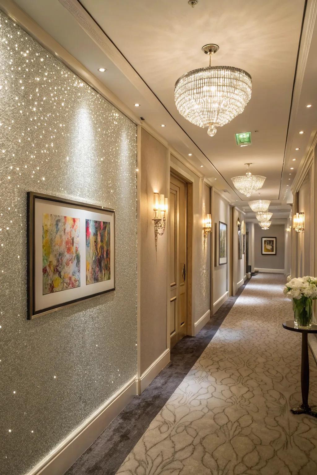 A glitter accent wall accentuates a hallway.