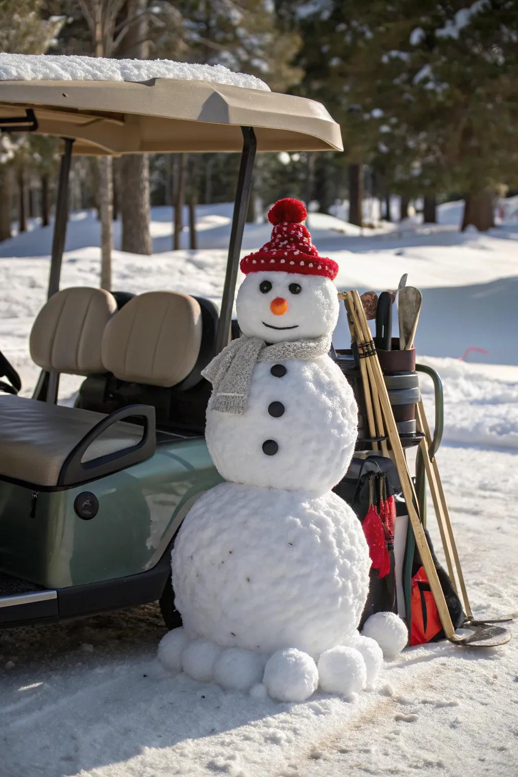A snowman extends winter joy to this golf cart.
