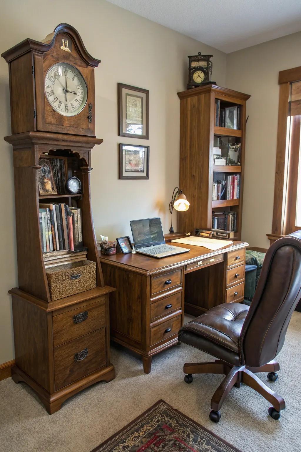 A time-honored sentinel enhances the elegance of a domestic study area.