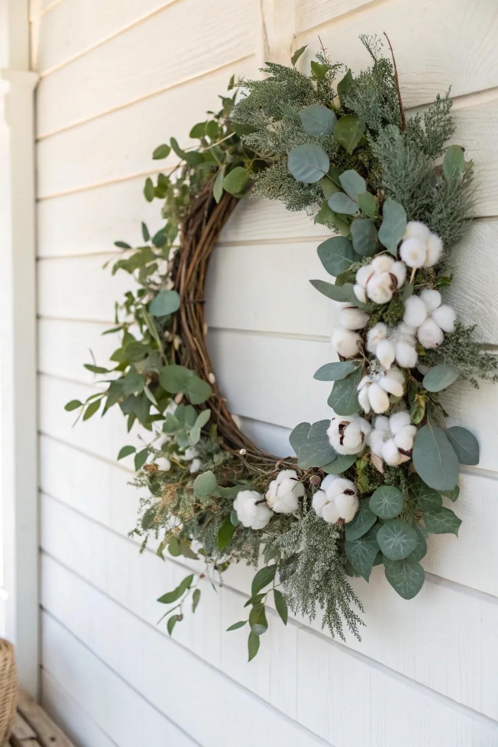 A farmhouse-style grapevine wreath with cotton stems.