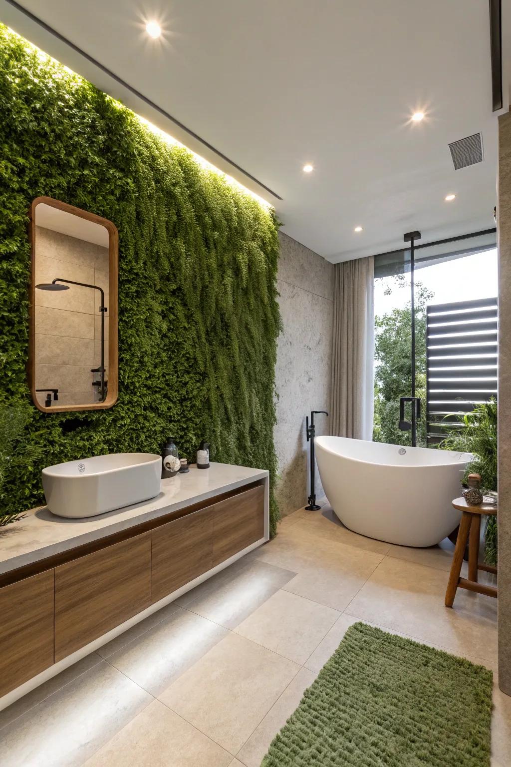 A serene lavatory showcases a vegetation-covered partition, delivering a spa-esque encounter domestically.