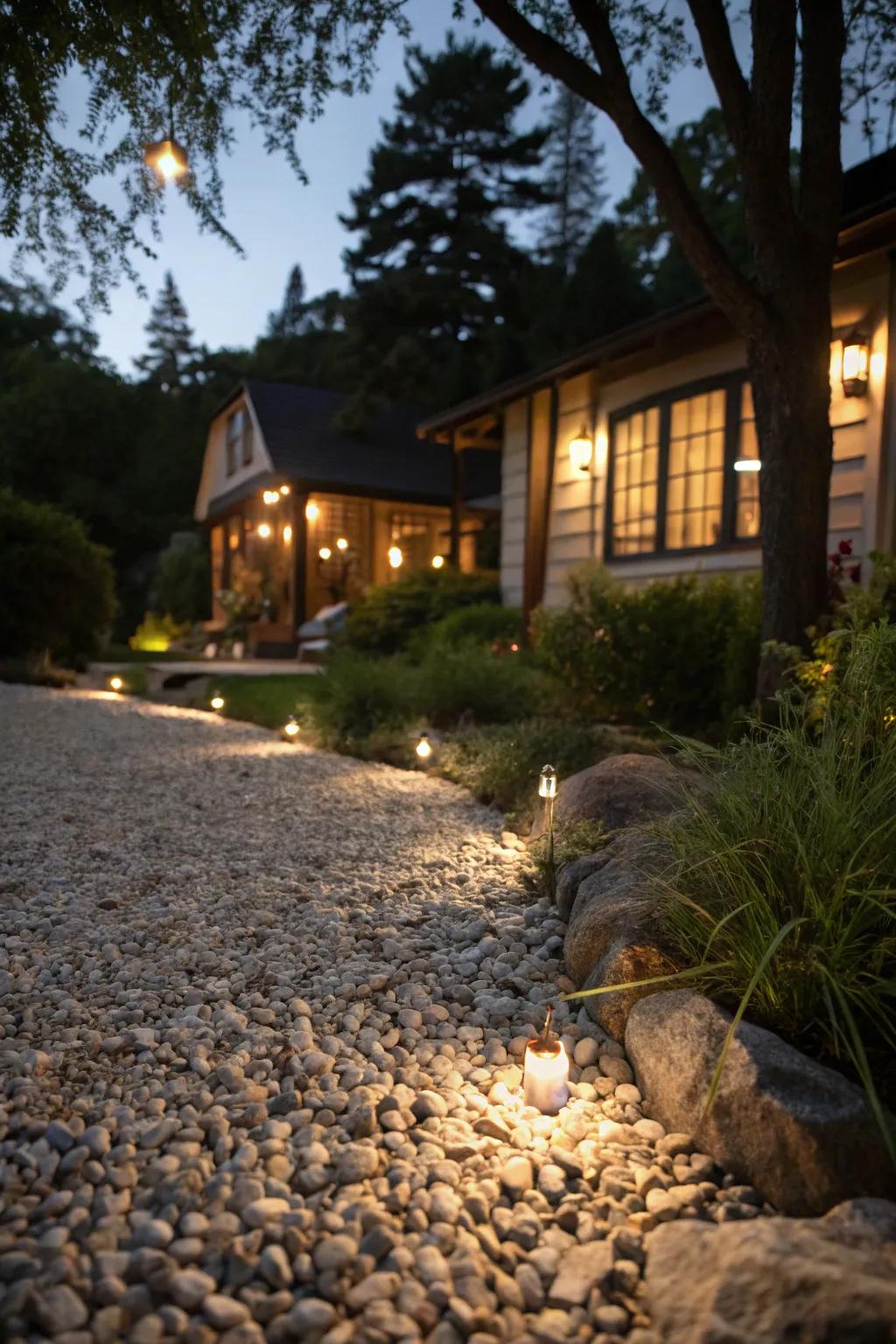 Soft illumination highlights rock features for a magical evening ambiance.