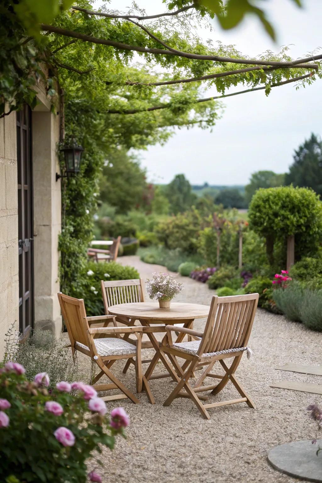 A gravel patio complemented by rustic timber furniture, creating a cozy setting.