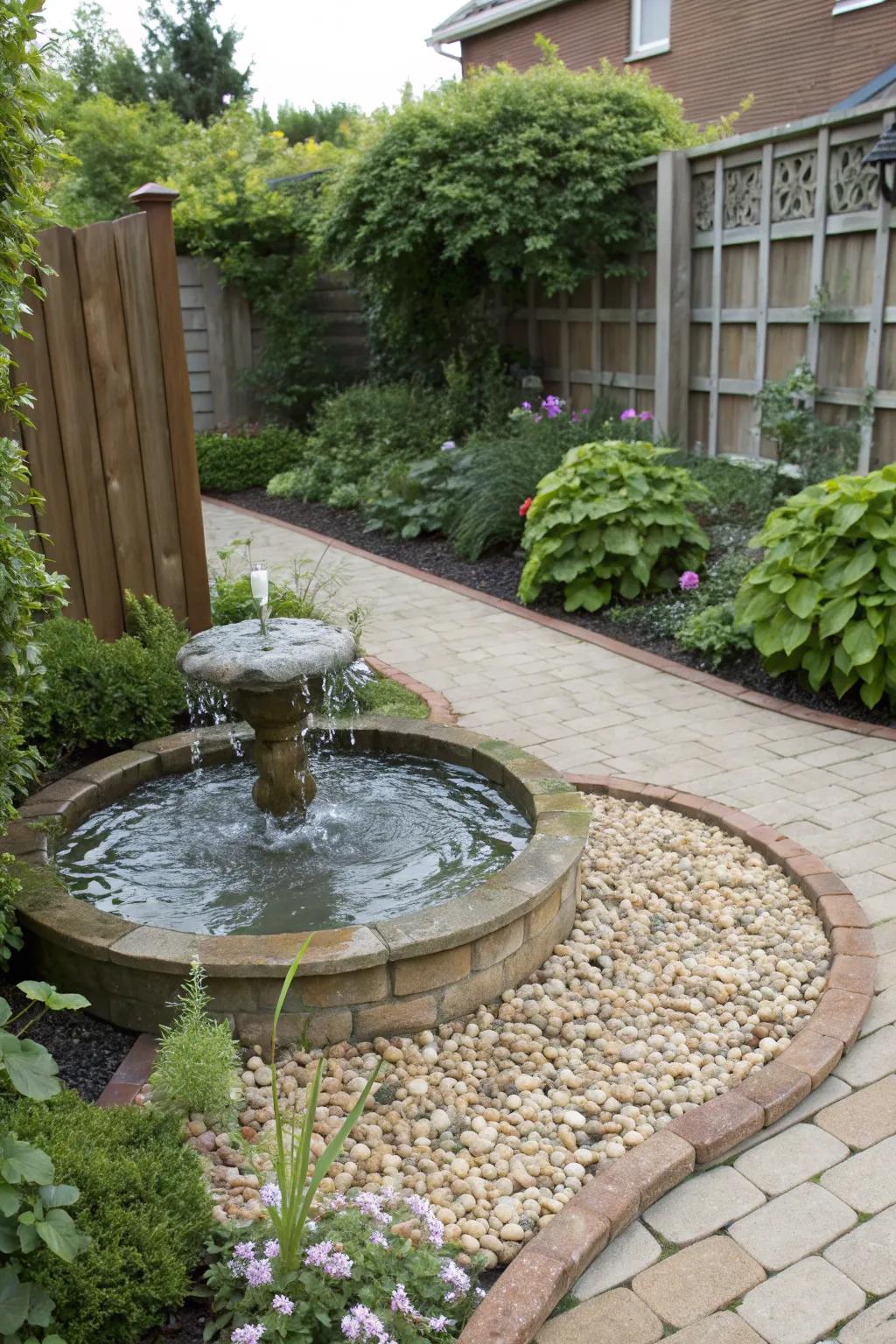 A serene water feature accented by chippings in a garden setting.