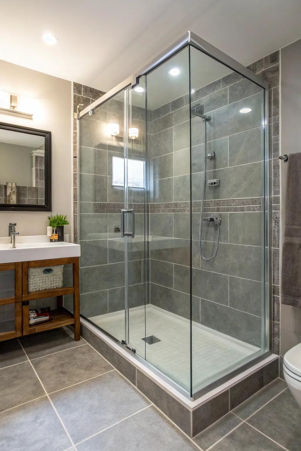 Frameless glass showers retain the area unobstructed and airy.
