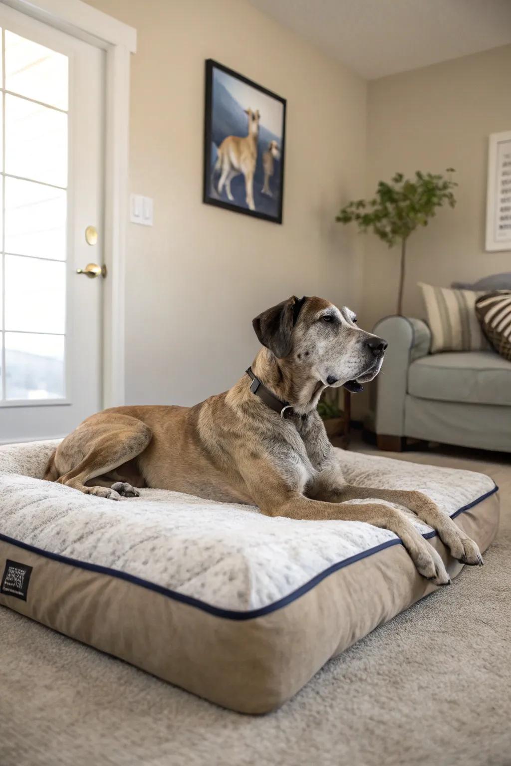 Orthopedic beds deliver crucial support for aging Great Danes, ensuring they rest comfortably.
